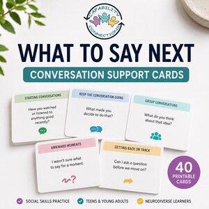 May include: A set of 40 printable conversation support cards titled What To Say Next by Capability Connections. The cards feature color-coded categories including Starting Conversations, Keep The Conversation Going, Group Conversations, Awkward Moments, and Getting Back On Track with specific prompts and icons.