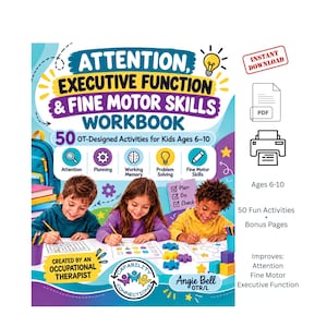 以下が含まれることがあります： Attention, Executive Function & Fine Motor Skills Workbookというタイトルのデジタルワークブックで、6歳から10歳の子供向けの50のアクティビティが含まれています。表紙には、注意、計画、記憶、問題解決のアイコンと共に、ワークシートに取り組む3人の子供たちが描かれています。