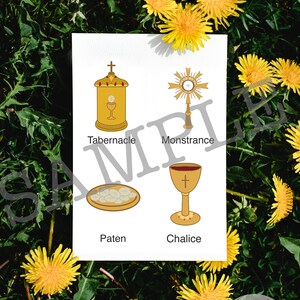 May include: A white card with illustrations of four Catholic liturgical vessels: a tabernacle, monstrance, paten, and chalice. The words "Tabernacle", "Monstrance", "Paten", and "Chalice" are printed below each illustration.