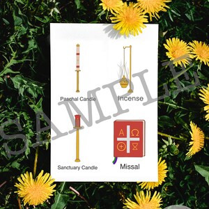 May include: A white card with illustrations of four Catholic liturgical items: a Paschal candle, a thurible with incense, a sanctuary candle, and a missal. The text on the card reads "Paschal Candle", "Incense", "Sanctuary Candle", and "Missal".