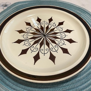 3 Vintage Royal China Majestic IronStone Dinner Plate 10.5&quot; Brown Medallion and Band 70&#39;s Vibe