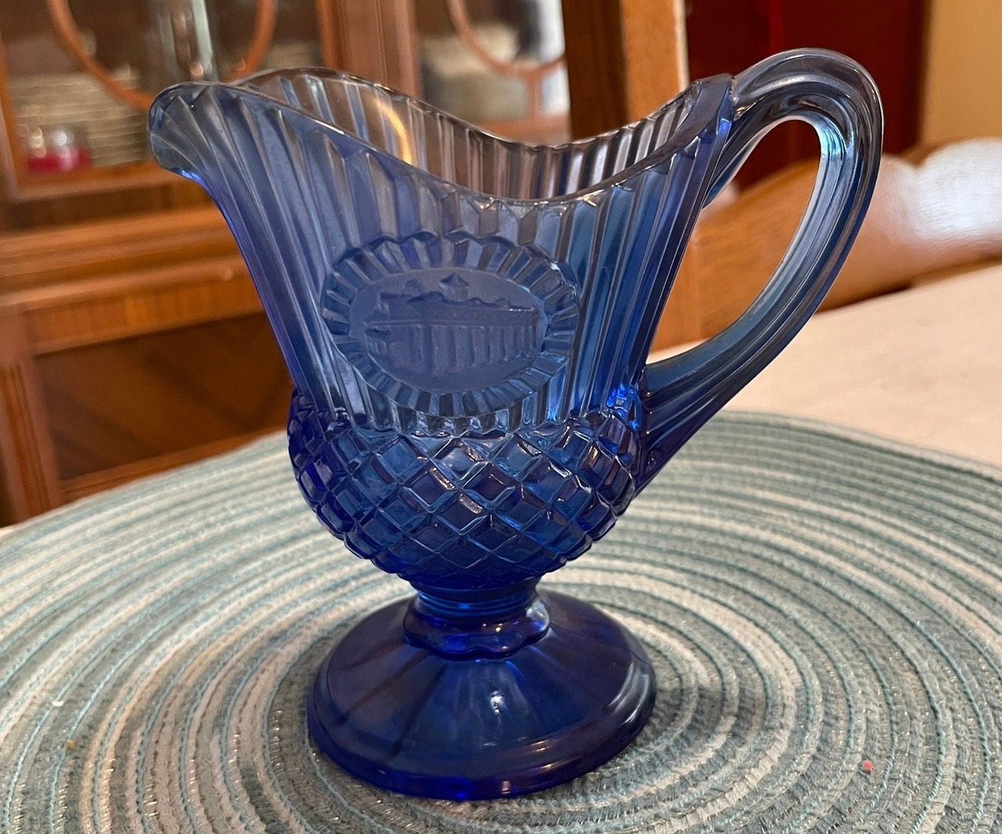 Avon Vintage Blue Glass Pitcher Fostoria - Etsy