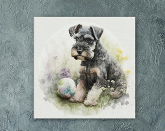 Miniature Schnauzer in the Garden "Schnauzer Shenanigans” Premium Wall Art for dog lovers, Available on Canvas