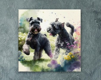 Black Miniature Schnauzer Playing "Miniature Marvels” Premium Wall Art for dog lovers, Available on Canvas