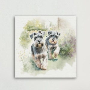 Miniature Schnauzer Playing "Schnauzer Shenanigans” Premium Wall Art for dog lovers, Available on Canvas