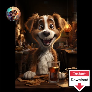 Cartoon Dogs in Pub #04: Digitale download voor afdrukken op canvas of posters