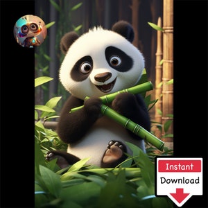 Cute Panda Cartoon Eating Bamboo #12 : Digital Download for Printing on Canvas or Posters