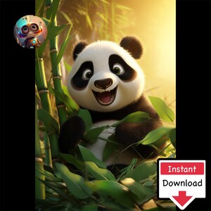 Cute Panda Cartoon Eating Bamboo #11 : Digital Download for Printing on Canvas or Posters