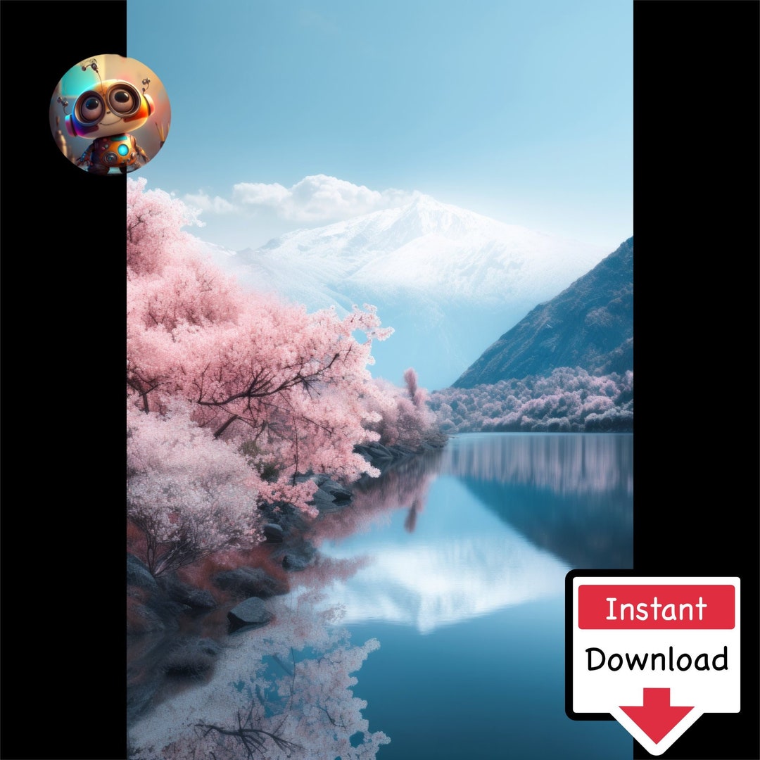 Mountain Scene Japanese Cherry Blossom Wall Art Print, Digital Download ...
