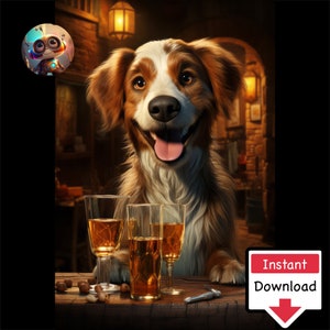 Cartoon Dogs in Pub #02: Digitale download voor afdrukken op canvas of posters