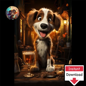 Cartoon Dogs in Pub #05: Digitale download voor afdrukken op canvas of posters