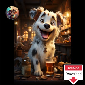 Cartoon Dogs in Pub #01: Digitale download voor afdrukken op canvas of posters