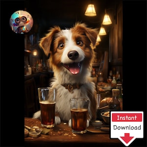 Cartoon Dogs in Pub #06: Digitale download voor afdrukken op canvas of posters