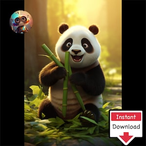 Cute Panda Cartoon Eating Bamboo #06 : Digital Download for Printing on Canvas or Posters