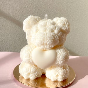 Teddy Bear Candle | Rose Bear with Heart Candle Perfect Gift for Valentine’s Day, Birthday, Baby Shower, Bridal Shower | Party Favor