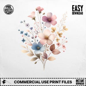 Whimsical Wildflower Cluster Clipart - Pastel Watercolor PNG | Commercial Use License