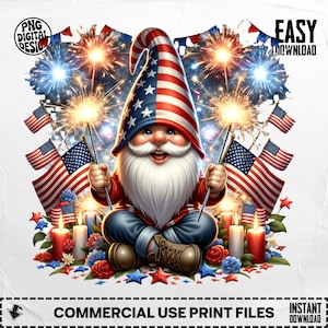 4th of July Gnome Clipart, Patriotic Gnome PNG, USA Flag Gnome, Independence Day Art, Gnome with Fireworks, America Theme Digital