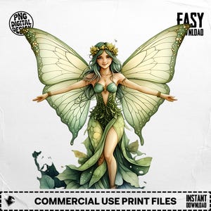 Green Fairy Digital Download PNG, Forest Nymph Art, Winged Woman Printable, Magical Creature Clipart, Fantasy Illustration