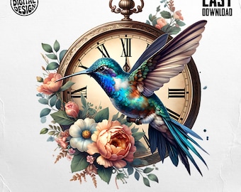 Hummingbird Pocket Watch Digital, Floral Digital Art, Bird and Flowers Printable, Antique Clock Art Digital, Nature Artwork Digital