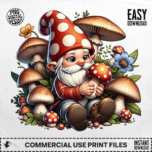 Mushroom Gnome Clipart, Whimsical Forest Gnome, Garden Gnome Decor, Fantasy Print, Cute Gnome PNG, Digital Download Image