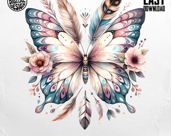 Butterfly Digital, Feather Wings Art, Floral Butterfly Image, Boho Style Butterfly, Printable Butterfly Design, Pastel Colors Design