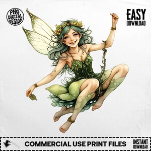 Green Fairy Digital Download, Forest Nymph PNG Clipart, Printable Fairy Art, Whimsical Fantasy Art, Cute Girl Fairy, Digital Art