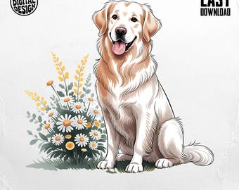 Golden Retriever PNG, Golden Retriever Clipart, Dog Png, Floral Dog Png, Pet Png, Sublimation Png, Digital Download