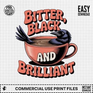 Bitter, Black, and Brilliant PNG, Surreal Crow in Coffee Mug Clipart, Dark Humor Bird Graphic, Transparent Background