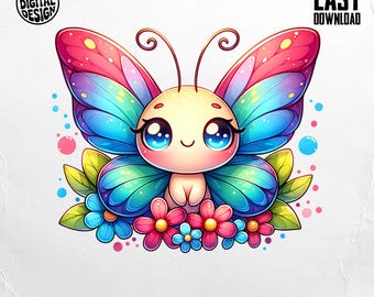 Cute Butterfly Digital Art, Floral Butterfly Clipart, Kawaii Butterfly Image, Cartoon Butterfly Design, Nursery Decor Digital