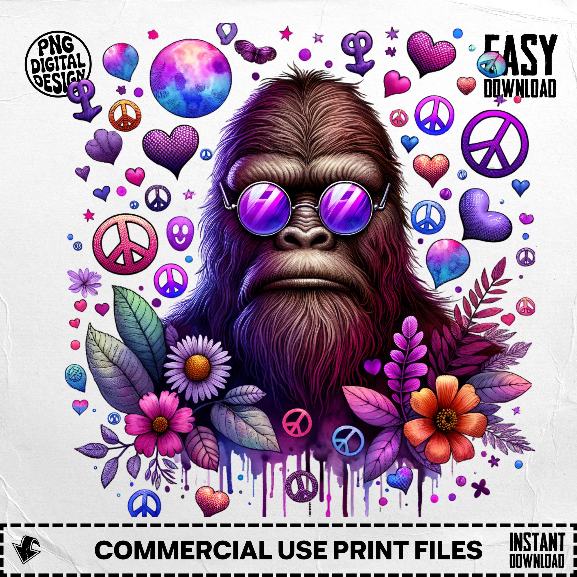 Hippie Bigfoot Print: Retro Sasquatch Art - Peace & Love PNG