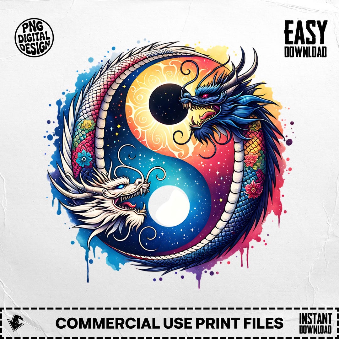 Yin Yang Duality Dragons Clipart PNG, Watercolor Light & Shadow Dragons ...