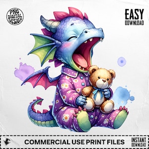 Baby Dragon PNG, Cute Dragon Art, Baby Dragon, Watercolor Dragon, Dragon with Teddy Bear, Dragon Pajamas, Nursery Art