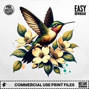 Hummingbird Digital Art, Floral Design Download, Bird and Flowers Image, Wall Art Print, Nature Clipart, Digital File, Home Decor Art