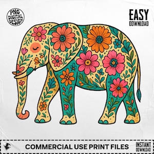 Floral Elephant PNG, Digital Download, Elephant Clipart, Flower Elephant, Sublimation PNG, Digital Art, Animal PNG, Printable Art