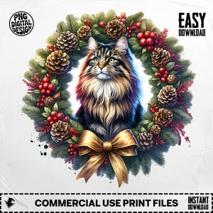 Norwegian Forest Cat in Christmas Wreath Clipart, Holiday Cat Portrait, Transparent PNG, 300 DPI Instant Download, Commercial Use