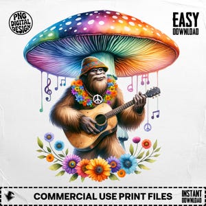 Hippie Bigfoot Art Print: Psychedelic Sasquatch with Guitar (Digital Download