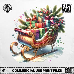 Vintage Sleigh Clipart | Watercolor Holiday Sled PNG | Commercial License Included