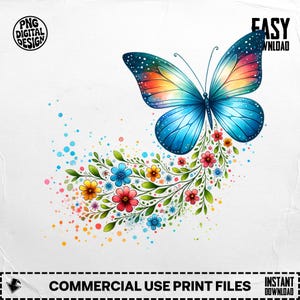 Watercolor Butterfly Digital Art: Floral Flying Design (PNG Downloadable File)
