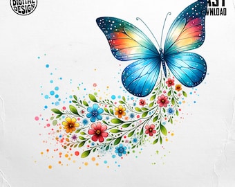 Butterfly Digital, Floral Butterfly Design, Flying Butterfly Art, Flower Art Digital, Watercolor Butterfly Decor, Trendy Butterfly Digital