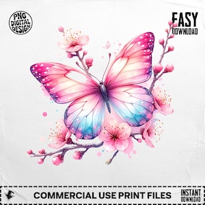Butterfly Cherry Blossom PNG: Watercolor Floral Art (Digital Download, 4096x4096px )