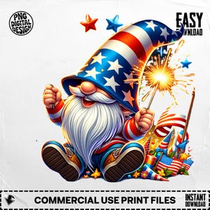 4th of July Gnome Clipart, Patriotic Gnome PNG, Independence Day Gnome Art, American Flag Gnome, Holiday Sparkler Decor, Gnome Digital Art
