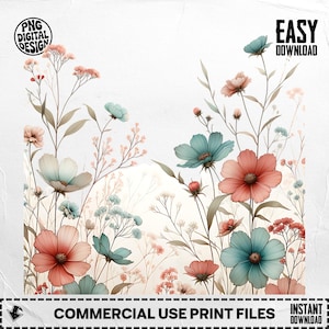 Pastel Floral Border Clipart - Wildflower Watercolor PNG | Commercial Use License