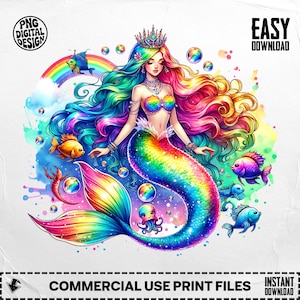 Rainbow Mermaid Digital Downloads PNG, Colorful Mermaid Art Print, Fantasy Mermaid Digital Art, Mermaid Wall Art, Magical Mermaid Digital