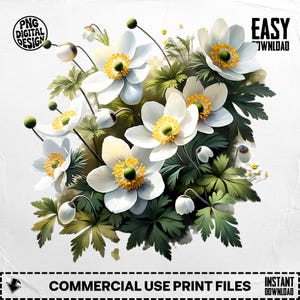 Weiße Anemonenblumen, digitale Blumenkunst, Blume PNG für Sublimation, druckbare Wandkunst, digitaler Anemonendruck, sofortiger Download