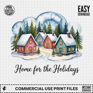 Watercolor Winter Village Clipart: Christmas Town PNG (Digital Download)
