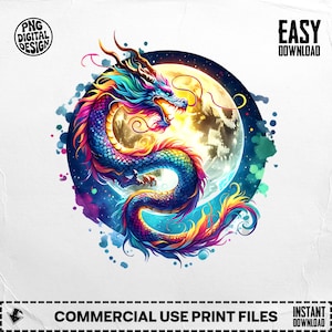 Watercolor Celestial Dragon Clipart: Moon & Stars PNG (Digital Download)