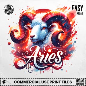 Puede incluir: Ilustración del signo zodiacal Aries, que representa un carnero blanco con cuernos rojos y azules. La palabra "Aries" está escrita en una fuente estilizada. El diseño incluye un fondo estrellado y el texto "PNG DIGITAL DESIGN" y "COMMERCIAL USE PRINT FILES".
