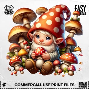 Cute Gnome Clipart, Mushroom Art, Cute PNG, Garden Digital Art, Kids Room Digital, Whimsical Digital, Fairy Tale Art, Magical Digital