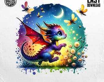 Playful Baby Dragon with Fireflies Clipart PNG, Whimsical Garden Fantasy Watercolor Dragons for Kids & Nursery Decor