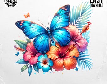 Blue Morpho Digital, Tropical Flowers Art Print, Butterfly Hibiscus Illustration Download, Summer Floral Clipart, Printable Wall Decor